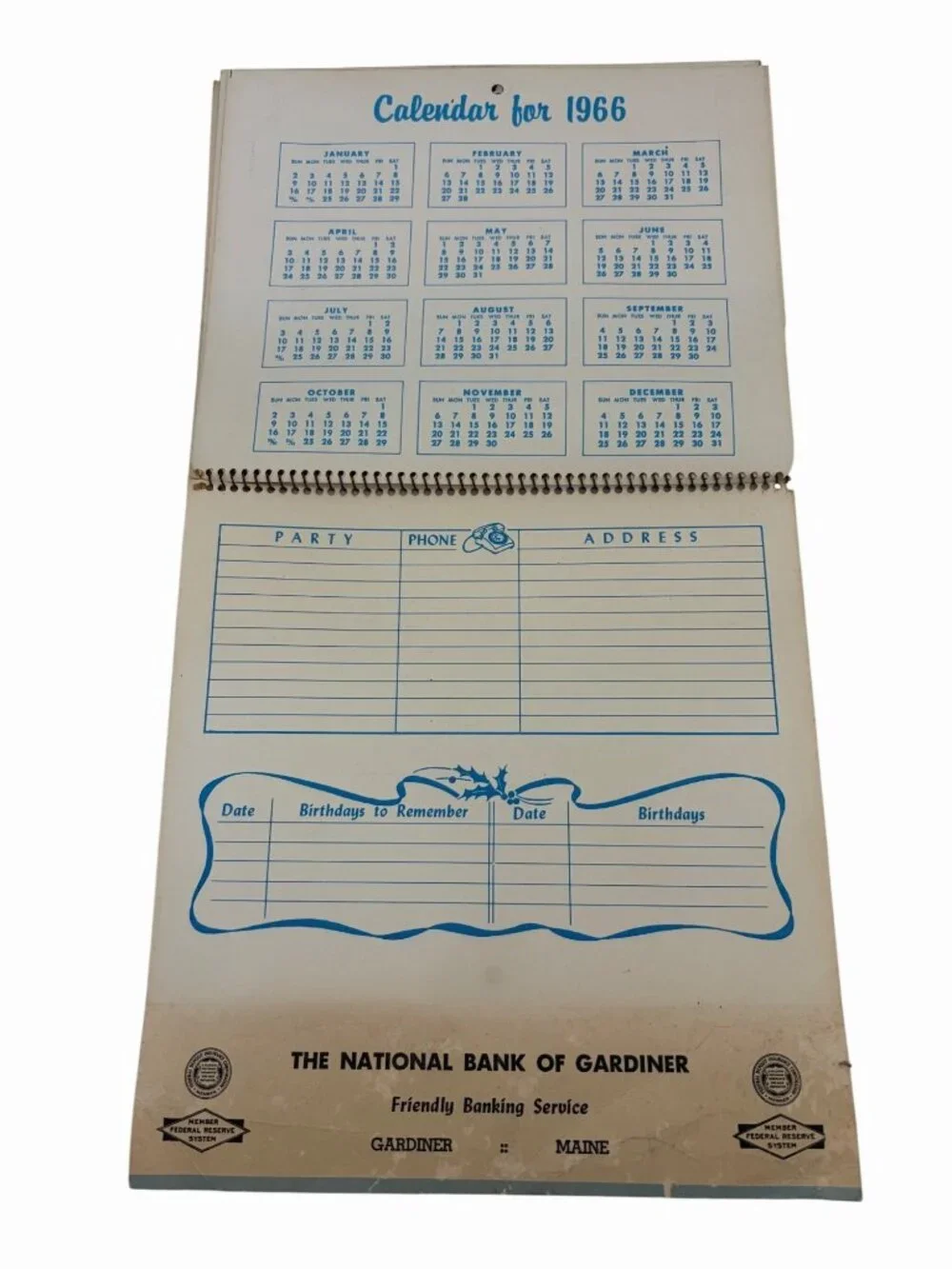 1966 National Bank Of Gardiner Maine Advertising Wall Calendar Scenic Art Decor